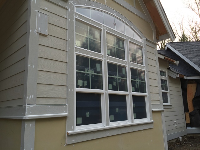 A close up view of the siding details at the dining room windows.